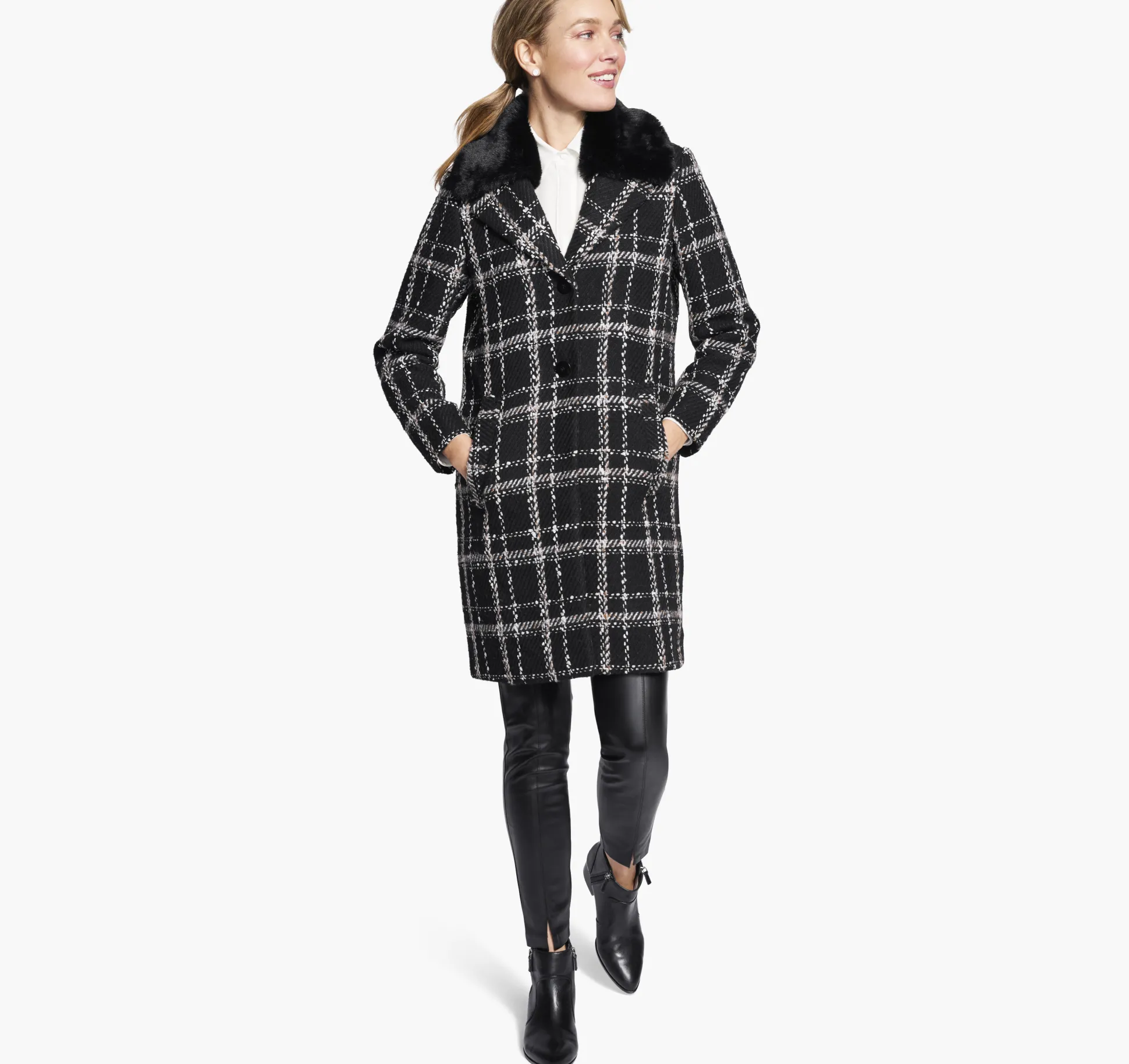 Plaid Coat with Removable Faux-Fur Collar
